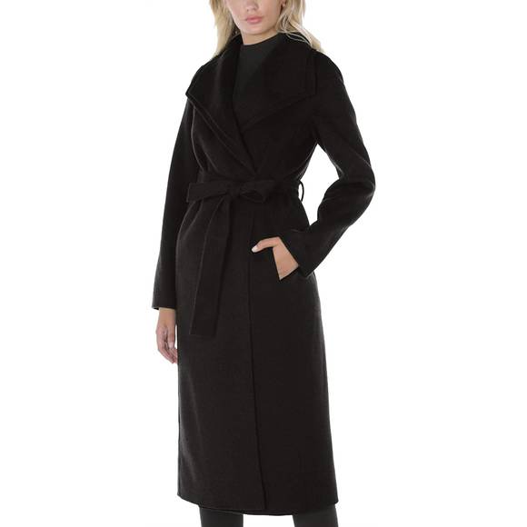 NEW T TAHARI women's double layered collar belted wool long coat in black - Picture 1 of 4